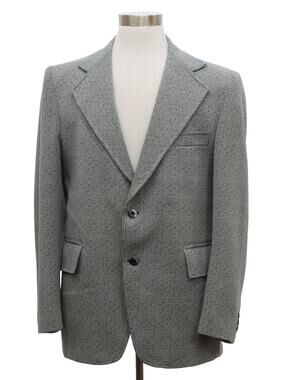 Vintage 1970s Men's Blue Gray Houndstooth Polyester Blazer Jacket 40